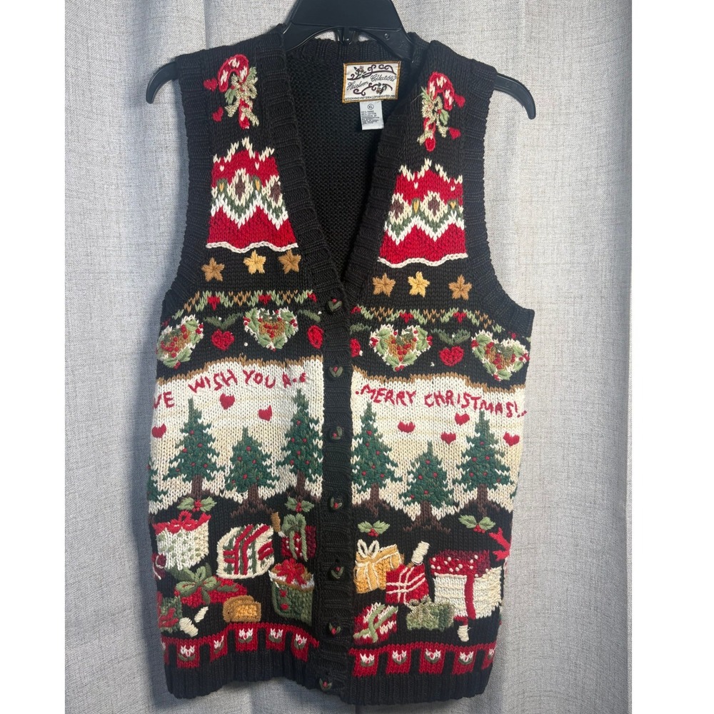 Vintage Heirloom Collectibles Christmas Sweater Vest XL Black Knit Holiday Tree